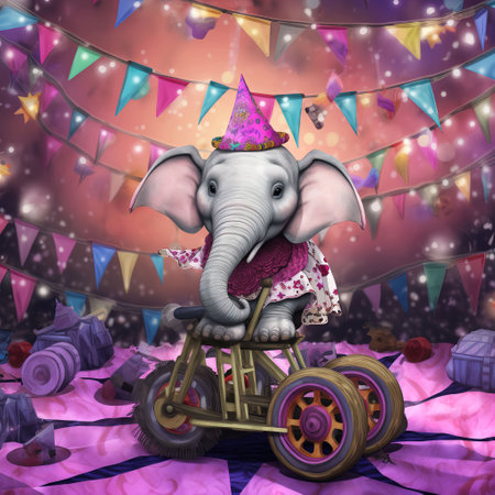 Illustration of a circus elephant riding a tricycle with a garland in the backgroundの素材