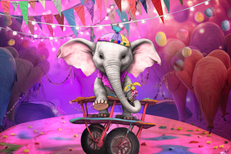 Elephant riding a cart full of balloons and garlands in the backgroundの素材