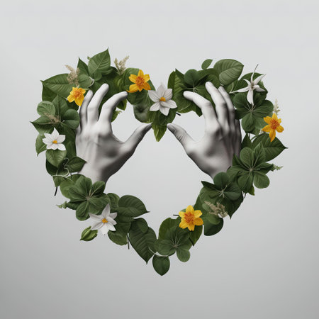 Heart made of leaves and flowers with white hands. 3d renderingの素材