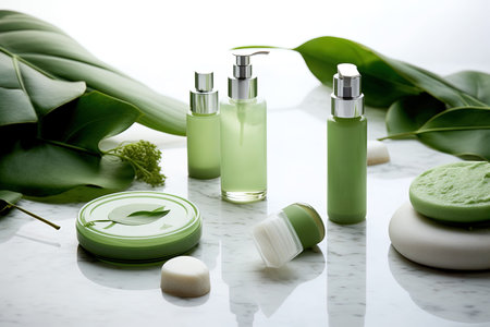 Spa and wellness setting with green bottles of cosmetic products and green leavesの素材