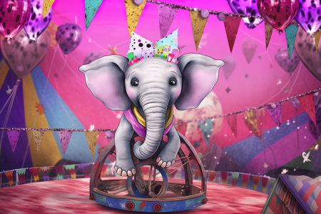 Elephant in circus with balloons and garlands - 3d illustrationの素材