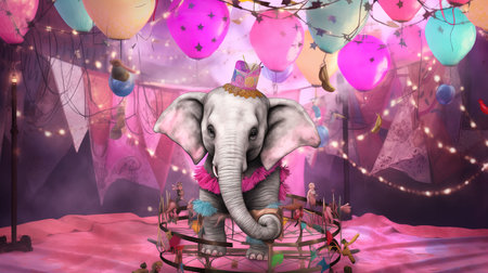Elephant birthday party - 3D render of an elephant in a fairy tale sceneの素材