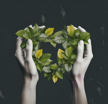Human hands holding green leaves in the shape of a heart on dark backgroundの素材