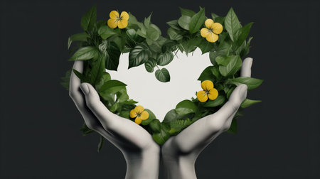 Hands holding a heart made of flowers and leaves on dark backgroundの素材