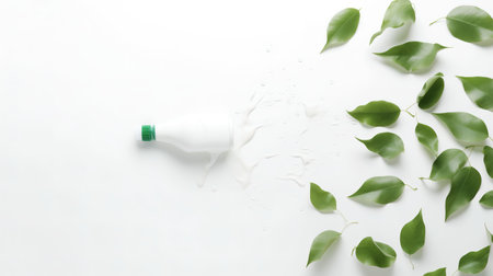 Plastic bottle with detergent and green leaves on white background, flat layの素材