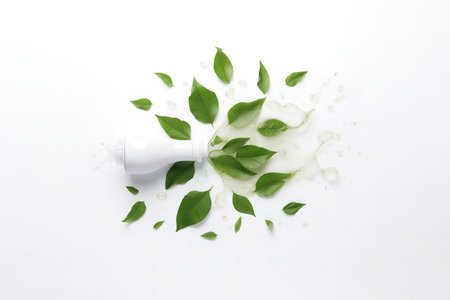 Herbal cosmetic cream with green leaves isolated on white background, top viewの素材
