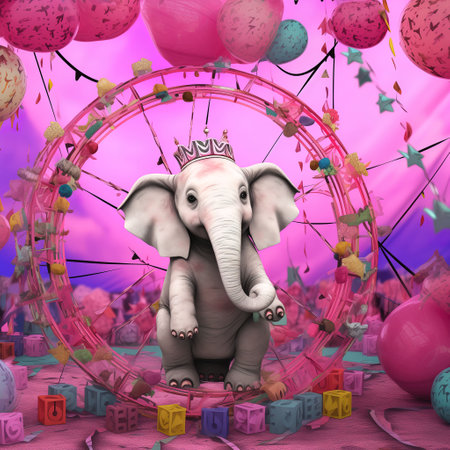 Elephant with a crown on his head surrounded by balloons. 3D rendering.の素材