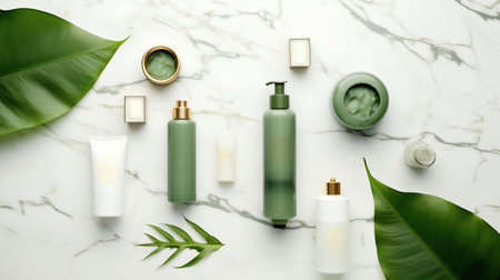 Flat lay composition with cosmetic products and green leavesle backgroundの素材