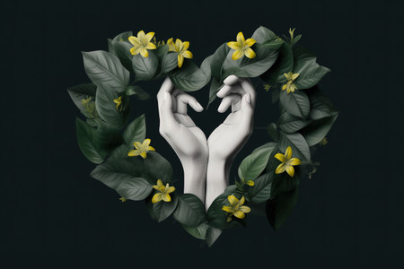 Hands in heart shape with green leaves and yellow flowers on dark backgroundの素材