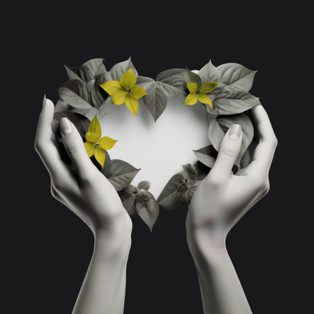Female hands holding a heart made of leaves and flowers on a dark backgroundの素材