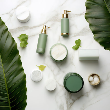 Flat lay composition with cosmetic products and tropical leavesle backgroundの素材
