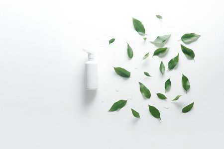 White cosmetic bottle with green leaves on white background. Flat lay, top viewの素材