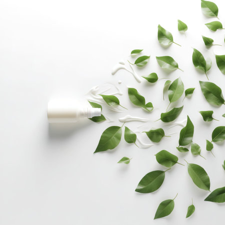 Cosmetic cream with green leaves on white background, flat lay.の素材