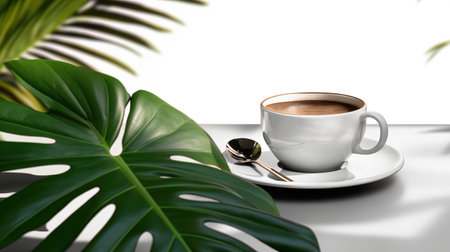 Cup of coffee with tropical leaves on white table. 3d renderingの素材