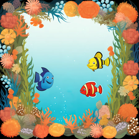 Underwater scene with fish and corals. Vector cartoon illustration.の素材