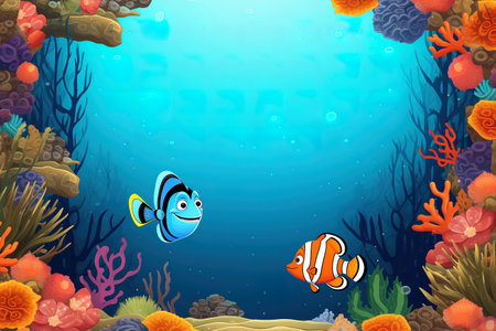 Underwater background with coral reef and fish. Vector cartoon illustration.の素材