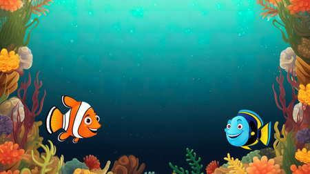 Underwater scene with fish and corals illustration. Horizontal bannerの素材