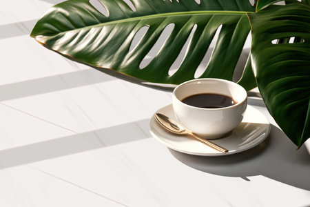 Cup of coffee and tropical leaf on white table, closeupの素材