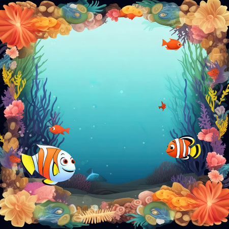 Underwater scene with coral reef and fish. Cartoon vector illustration.の素材