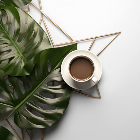 Cup of coffee on the table. Cup of coffee and monstera leaves on white background.の素材