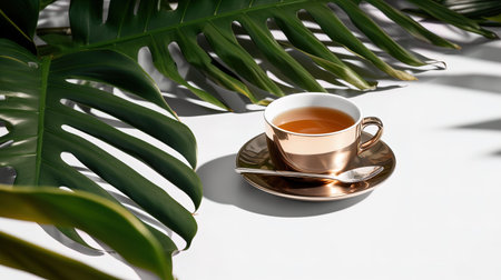 Cup of tea with tropical leaves on white background. Minimal concept.の素材