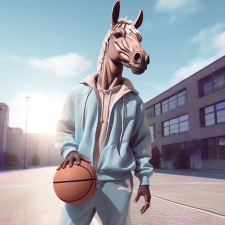 Horse with basketball on the basketball court. 3D rendering.の素材