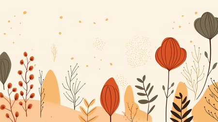 Autumn landscape with flowers and leaves. Hand drawn vector illustration.の素材