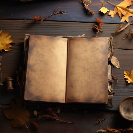 Open old book with autumn leaves on wooden background, top view.の素材