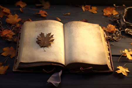 Autumn still life with old book and maple leaves on wooden backgroundの素材
