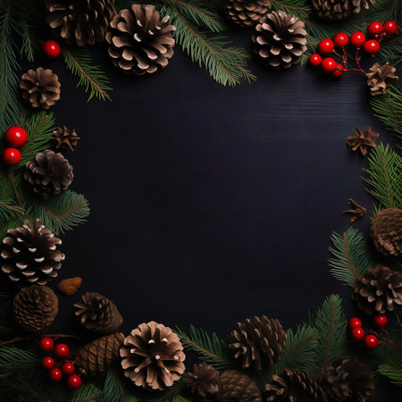 Christmas background with fir branches, pine cones and berries on blackboardの素材
