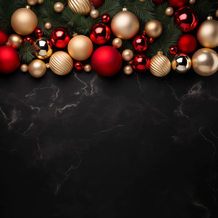 Christmas background with baubles and fir branches on a black marble backgroundの素材