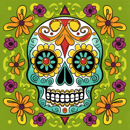 Day of the Dead sugar skull with floral background. Vector illustration.の素材