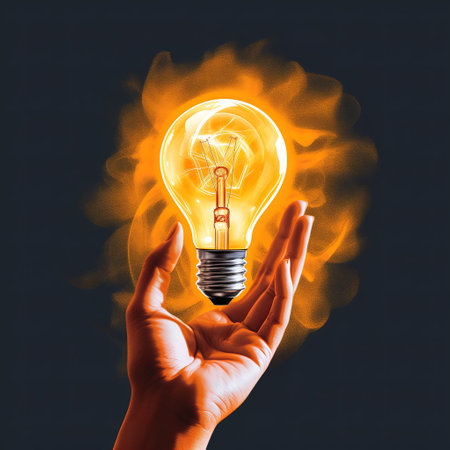 Close up of human hand holding light bulb on dark background. Idea conceptの素材
