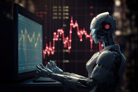 3d rendering humanoid robot working on laptop computer with stock market chartの素材