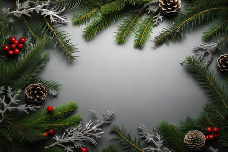 Christmas background with fir tree branches, berries and cones on grey backgroundの素材