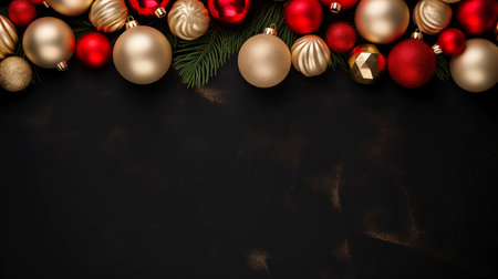 Christmas background with baubles and fir tree branches on black backgroundの素材