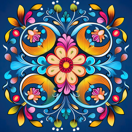 Floral pattern with colorful flowers and leaves on a blue background.の素材