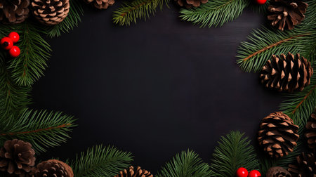 Christmas background with fir tree branches, cones and berries on blackboardの素材