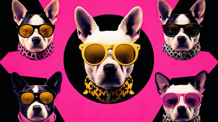 Fashionable french bulldog dog wearing sunglasses on pink background.の素材