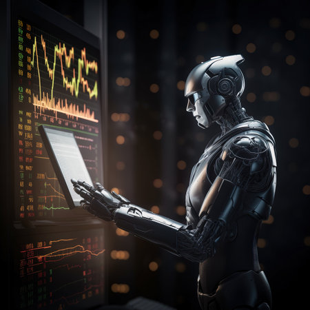Cyborg with laptop and stock market chart. 3D rendering.の素材