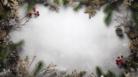 Christmas background with fir branches, pine cones, berries and snow.の素材