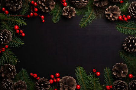 Christmas background with fir branches, pine cones and red berries on black backgroundの素材