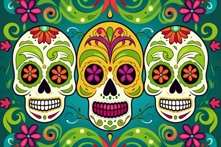 Day of the Dead Sugar Skulls with floral background, vector illustrationの素材