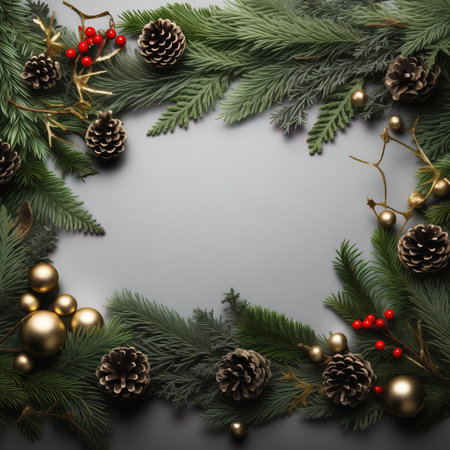Christmas background with fir branches, cones and berries. Top view with copy spaceの素材