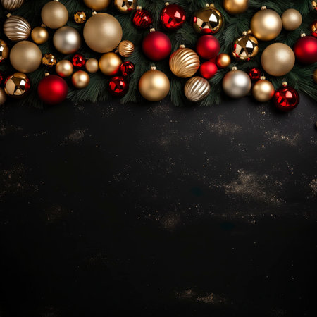 Christmas background with baubles and fir tree branches. Top view with copy spaceの素材