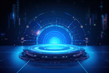 Futuristic user interface with HUD elements on dark background 3D renderingの素材