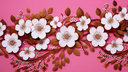 Paper flowers on a pink background. Floral background with copy space.の素材