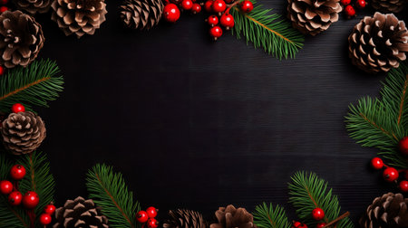 Christmas background with fir branches, pine cones and rowan berries on black wooden boardの素材