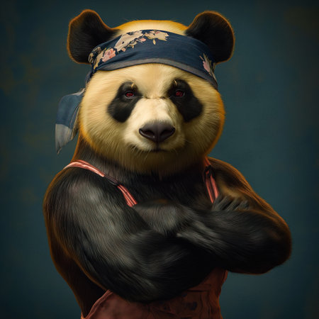 Portrait of a giant panda in a bandana on a dark background.の素材