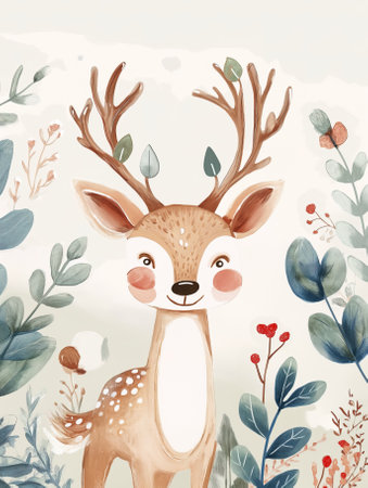 Cute cartoon deer in watercolor style. Hand drawn illustration.の素材